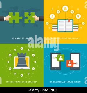 Design für Werbebanner für Websites und flache Symbole. Business-Lösung, Knowledge Experience, Marketingstrategie, Social Media-Kommunikation. Ve Stock Vektor