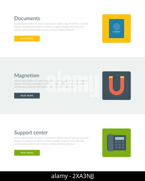 Website-Header oder Werbebanner Vorlagen und Design für flache Symbole. Reisepass, Magnetismus, Telefon des Support Centers. Vektorabbildung. Stock Vektor