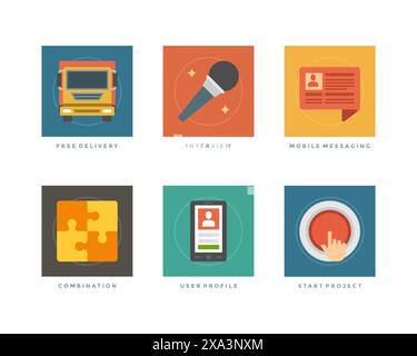 Business Flat Design Icons, kostenlose Lieferung, Interview Mikrofon, Sprechblase, Puzzle Pie, Smartphone, Projekt Starten. Vektorillustration für Web Stock Vektor