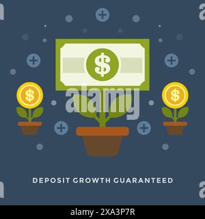 Flaches Design Vektor Business Illustration Konzept Geldeinlage Wachstum als Blumen für Website und Promotion Banner. Stock Vektor