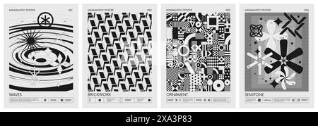 Abstrakte moderne geometrische Vektor minimalistische Poster mit einfachen Formen in Schwarz und weiß und Silhouette von grundlegenden geometrischen Figuren, Komposition gra Stock Vektor