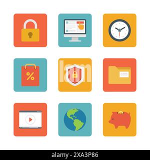 FlFlat Design Icons, Schloss Sicherheit, Online Shopping, Uhr, Einkaufstasche, Dateiordner, Abschirmschutz, Videolehrer, Globe Piggy Bank. Vektorgeschäfte Stock Vektor