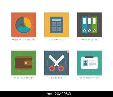 Business Flat Design-Symbole, Business Analytics Diagramm, Buchhaltungsrechner, Datenarchiv, Bankservice-Handtasche, Schere, Identifikationsbenutzer. Vecto Stock Vektor