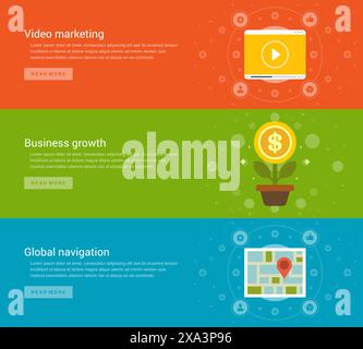 Website-Header oder Werbebanner Vorlagen und Design für flache Symbole. Video-Marketing, Geldbaum für Geschäftswachstum, globale Navigationskarte. Vektor-Illus Stock Vektor