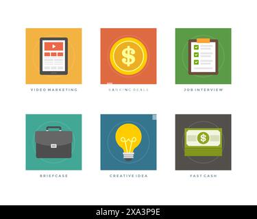 Business Flat Design Icons, Video Marketing, Banking Deals, Investition, Bewerbungsgespräch, Kreative Idee, Fast Cash. Vektorillustration für Website und p Stock Vektor