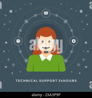 Flaches Design Vektor Business Illustration Konzept technischer Support 24 Stunden Frau Berater Charakter für Website und Promotion Banner. Stock Vektor