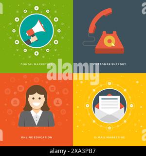 Design für Werbebanner für Websites und flache Symbole. Digitales Marketing, Kundensupport, Online-Schulung, E-Mail-Marketing. Vektor-Illustrati Stock Vektor