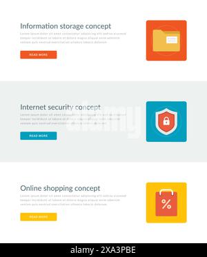 Website-Header oder Werbebanner Vorlagen und Design für flache Symbole. Datenordner zur Datenspeicherung, Internet-Sicherheitsschild, Online-Einkaufstasche A Stock Vektor