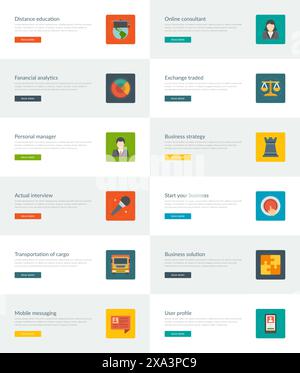 Website-Header oder Werbebanner Vorlagen und Design für flache Symbole. Online-Consultant Manager, Exchange Traded Waagen, Business Strategy Chess to WE Stock Vektor