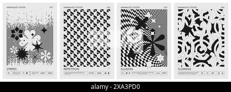 Abstrakte moderne geometrische Vektor minimalistische Poster mit einfachen Formen in Schwarz und weiß und Silhouette von grundlegenden geometrischen Figuren, Komposition gra Stock Vektor