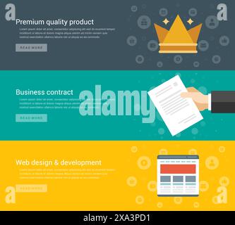 Website-Header oder Werbebanner Vorlagen und Design für flache Symbole. Produktkrone in Premiumqualität, Handheld-Dokument für Geschäftsverträge, Webdesign Stock Vektor