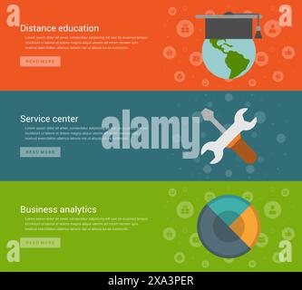 Website-Header oder Werbebanner Vorlagen und Design für flache Symbole. Fernunterricht, Service-Center-Tools, Geschäftsanalysen. Vektor-Illustratio Stock Vektor
