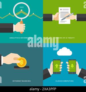 Design für Werbebanner für Websites und flache Symbole. vertragsunterzeichnung, Analyseinformationen, Internet-Banking, Cloud-Computing. Vektor-Illus Stock Vektor