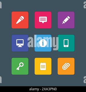 Material Design Stil Symbole Vektorzeichen und Symbole Mikrofon, Sprechblase, Bleistift, Bildschirm, Informationen, Dokument, Clip, Schlüssel. Elemente für die Website, Stock Vektor
