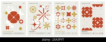 Minimalistische Plakate im brutalistischen Stil mit Silhouetten-Grundfiguren, außergewöhnlichen grafischen Elementen geometrischer Formen, moderner Co Stock Vektor