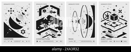 Futuristische Retro-Vektor-minimalistische Poster mit geometrischen Formen in verschiedenen Formen, abstrakter Konstruktivismus-Kunstwerk-Komposition inspiriert von Brutalismus i Stock Vektor