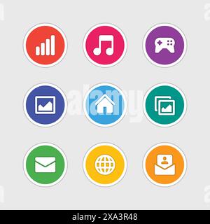 Material Design Stil Symbole Vektorzeichen und Symbole anten Signal, Musiknotiz, Gamepad, Fotogalerie, Home, E-Mail, Globe. Elemente für Website, Web b Stock Vektor