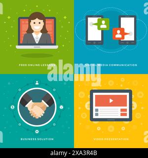 Design für Werbebanner für Websites und flache Symbole. Online-Lektionen, soziale Medien, Geschäftslösung, Videopräsentation. Vektorabbildungen Stock Vektor