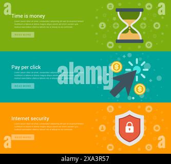 Website-Header oder Werbebanner Vorlagen und Design für flache Symbole. Zeit ist Gelduhr, Pay per Click Cursor Pfeil, Internet-Sicherheitsschild Schutz Stock Vektor