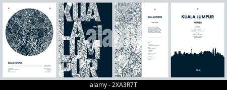 Set von Reiseplakaten mit Kuala Lumpur, detaillierter Stadtplan, Silhouette-Skyline, Vektorgrafik Stock Vektor