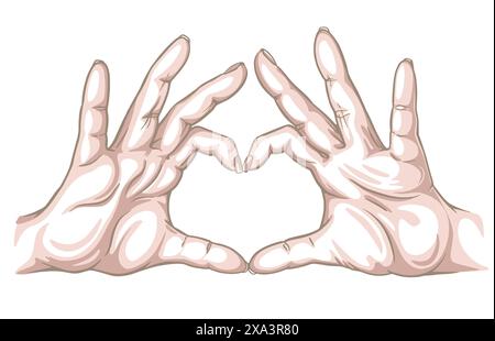 Farbige Skizze – zwei Hände. Die Finger sind in Form eines Herzens gefaltet. Handgezeichnete Tinte. Isoliert auf weißem Hintergrundvektor. Stock Vektor