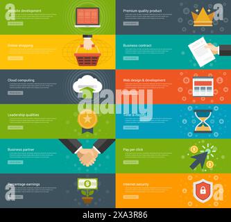 Website-Header oder Werbebanner Vorlagen und Design für flache Symbole. Laptop für Website-Entwicklung, Online-Einkaufskorb, Cloud-Computing u Stock Vektor
