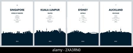 Reisevektor mit City Skylines Singapur, Kuala Lumpur, Sydney, Auckland, detaillierte City Skylines minimalistische Grafik Stock Vektor
