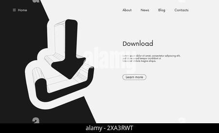 Download- und Upload-Symbol, Symbol für digitale High-Tech-Innovation, futuristisches geometrisches Drahtmodell-Zeichen in Perspektive, Vektor-Schwarzweiß-Business-Backg Stock Vektor