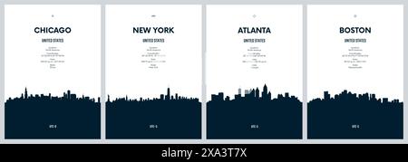 Reisevektor mit City Skylines New York, Chicago, Atlanta, Boston, detaillierte City Skylines minimalistische Grafik Stock Vektor