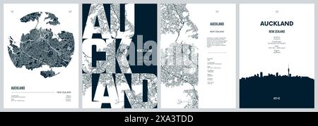 Set von Reiseplakaten mit Auckland, detaillierter Stadtplan, Silhouette-Skyline, Vektorgrafik Stock Vektor