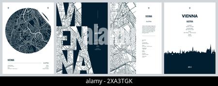 Set von Reiseplakaten mit Wien, detaillierter Stadtplan, Silhouette-Skyline, Vektorgrafik Stock Vektor