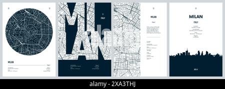 Set von Reiseplakaten mit Mailand, detaillierter Stadtplan, Silhouette-Skyline, Vektorgrafik Stock Vektor