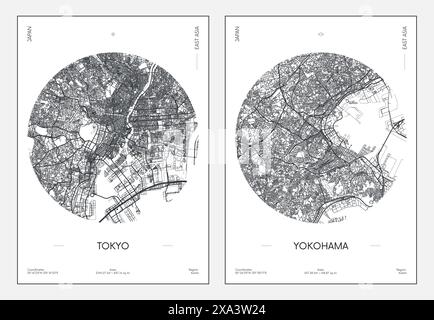 Reiseposter, Stadtplan Stadtplan Tokio und Yokohama, Vektorillustration Stock Vektor