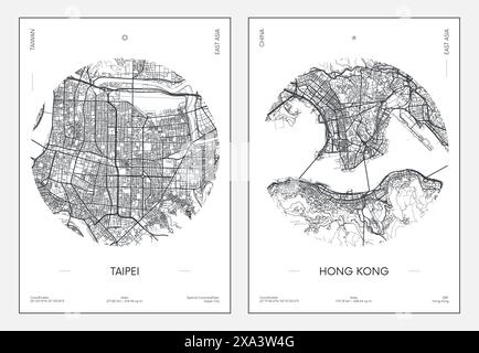 Reiseposter, Stadtplan Stadtplan Taipeh und Hongkong, Vektorillustration Stock Vektor