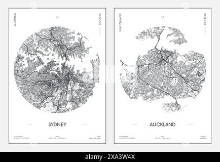 Reiseplakat, Stadtplan Sydney und Auckland, Vektorillustration Stock Vektor