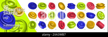 3D-Rendering-Vektor abstrakte geometrische grafische Elemente für Design, Sammlung verschiedener volumetrischer realistischer Formen, Formen inspiriert vom Brutalismus, Col Stock Vektor