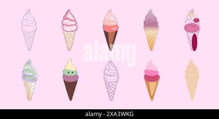 Dieses Bild zeigt zehn bunte Eiskegel, die auf einem rosafarbenen Hintergrund in drei Reihen angeordnet sind. Die Kegel haben verschiedene Geschmacksrichtungen, einschließlich Vanille, Schokolade, Erdbeere und Minze Stock Vektor