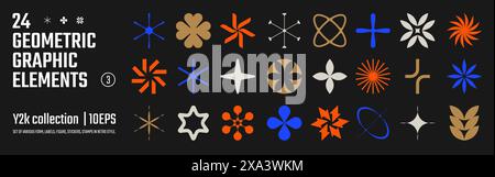 Vektor abstrakte geometrische grafische Elemente für Design, Sammlung verschiedener Formen, Etiketten, Formen, Aufkleber inspiriert vom Brutalismus, Set Grundfiguren i Stock Vektor