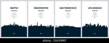 Reisevektor mit City Skylines Seattle, Washington, San Francisco, Los Angeles, detaillierte City Skylines minimalistische Grafik Stock Vektor