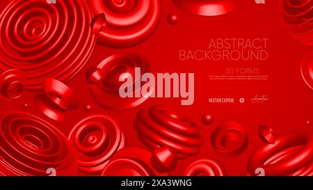 Realistische 3D-Vektorformen, fliegende abstrakte geometrische volumetrische rote verschiedene Formen in Bewegung, futuristische Komposition auf rotem Hintergrund für Präsenta Stock Vektor