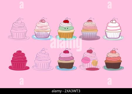 Eine digitale Illustration von zehn bunten Cupcakes mit Kirschen oben. Jeder Cupcake ist einzigartig, mit verschiedenen Zuckfarben und Mustern. Stock Vektor