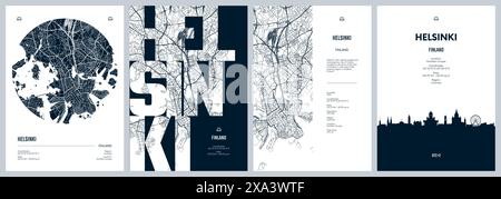 Reiseplakate mit Helsinki; detaillierte Stadtplan; Silhouette-Skyline; Vektorgrafik Stock Vektor