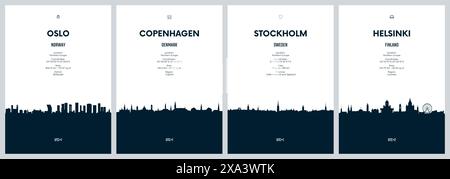 Reisevektor mit den Skylines Oslo, Kopenhagen, Stockholm, Helsinki, detaillierte Skylines minimalistischer Grafik Stock Vektor