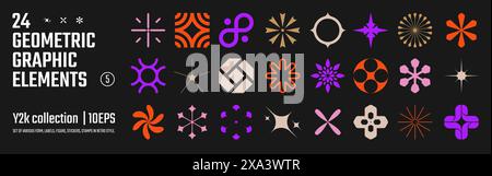 Vektor abstrakte geometrische grafische Elemente für Design, Sammlung verschiedener Formen, Etiketten, Formen, Aufkleber inspiriert vom Brutalismus, Set Grundfiguren i Stock Vektor