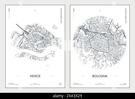 Reiseplakat, Stadtplan Stadtplan Venedig und Bologna, Vektorillustration Stock Vektor