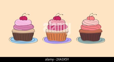 Diese Abbildung zeigt drei Kirsch-Cupcakes auf Tellern mit jeweils unterschiedlicher Frostfarbe. Sie sind in einem einfachen Zeichentrickstil gezeichnet und haben eine leicht skurrile Atmosphäre. Stock Vektor