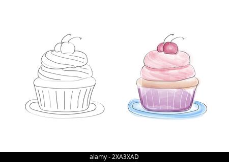 Ausmalseite mit einer einfachen Illustration eines Kirschkuchens im Cartoon-Stil. Auf der linken Seite ist der Cupcake umrissen, auf der rechten Seite ist der Cupcake mit Aquarellfarben dargestellt. Stock Vektor