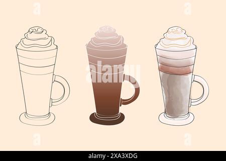 Ein Set mit drei illustrierten Kaffeegetränken mit Schlagsahne oben. Die Getränke befinden sich in verschiedenen Stadien der Fertigstellung, eines mit einer einfachen Umrisse, eines mit Farbe und eines mit einer Aquarellschattierung Stock Vektor
