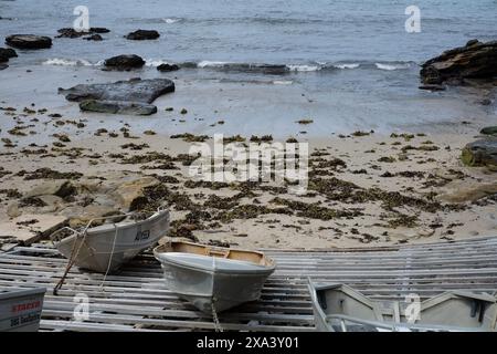Gordons Bay, Sydney, Australien, Aluminiumjollen zogen hoch und fesselten sie an einer Holzrampe über den Felsen am Strand ab Stockfoto