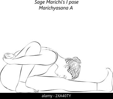 Skizze einer jungen Frau, die Marichyasana In Einer Yoga-Pose praktiziert. Sage Marichi posiere ich. Mittlere Schwierigkeit. Isolierte Vektordarstellung. Stock Vektor